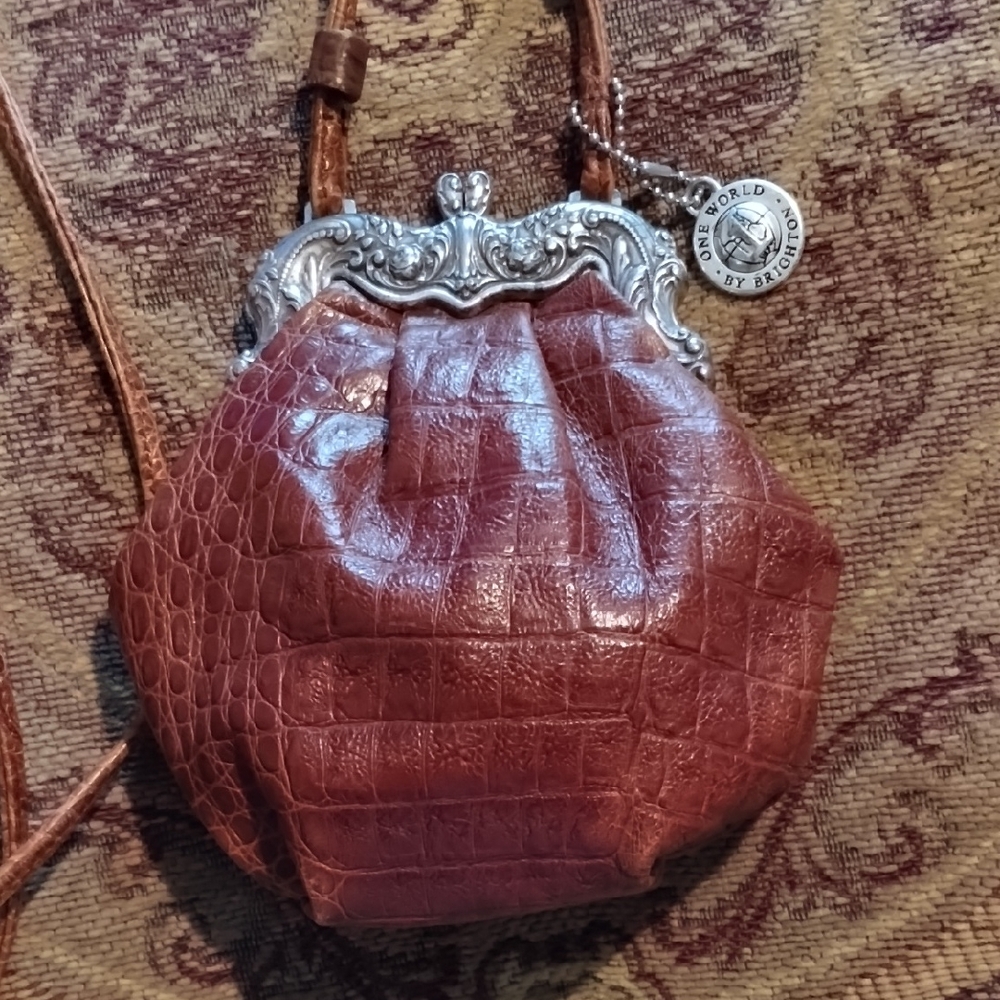 Brighton Brown Croc-Embossed Crossbody Small Purse with Silver Frame